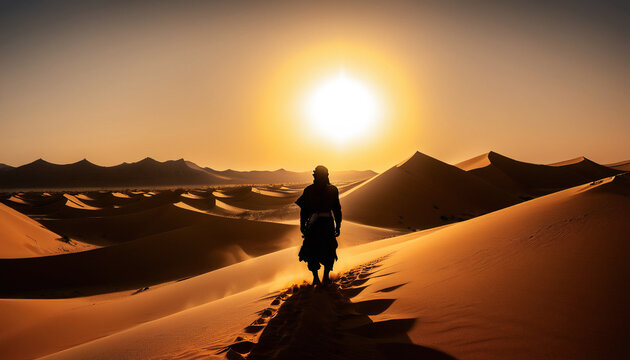 illustrazione di sagoma di persona in controluce ferma tra le dune di un deserto