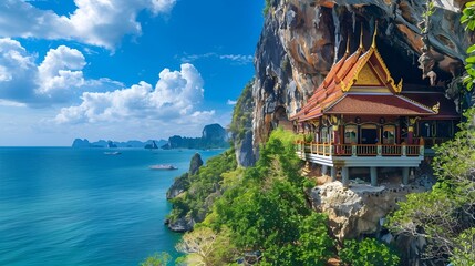 Cliffside Temple Overlooking Vast Turquoise Sea in Tropical Thailand Landscape