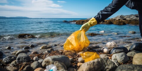 Volunteer Collecting Plastic Bottle from Shoreline with Protective Gloves