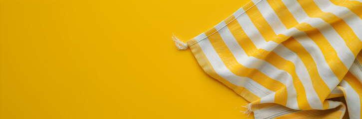 Striped beach towel web banner. Beach towel with stripes isolated on yellow background with copy space. - obrazy, fototapety, plakaty