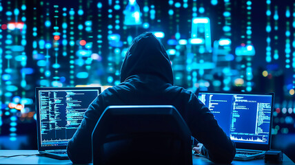 Cybersecurity concept. Rear view of a hacker working on a computer at a desk with many hi-tech equiptments, trying to hack network on neon light blue bogeh background.