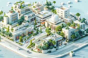 An aerial view of a city with many buildings, trees, and cars. The buildings are all different shapes and sizes, and the city is very busy.