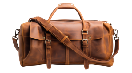 A brown leather duffel bag sits elegantly on a white background