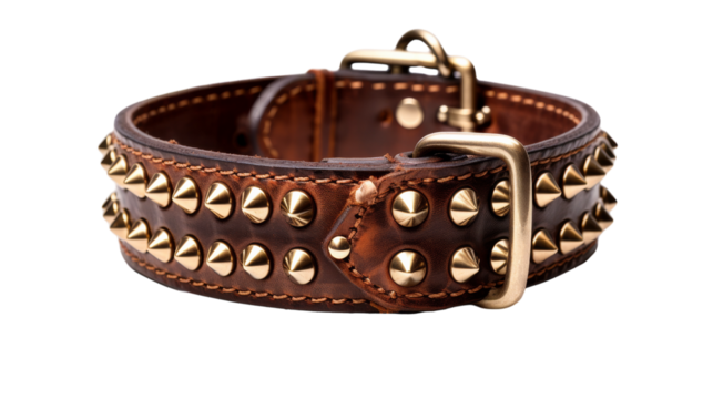 A brown leather dog collar with intricate gold studs shines brightly against the dogs fur