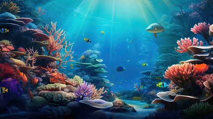 Beautifiul underwater panoramic view with tropical fish and coral reefs
