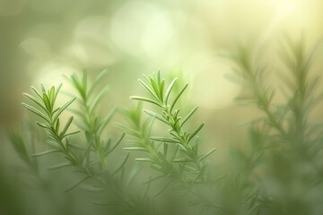 Obraz premium Rosemary and thyme, with natural light casting a gentle glow, plants bask in sunlight; bokeh effect adds to serene, natural ambiance. Close-up highlights dew on leaves, suggesting morning freshness.