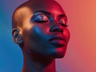 A bald black woman with closed eyes is illuminated by neon light against the background of a gradient color.