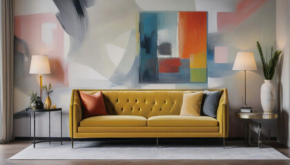 Interior of living room with sofa, lamp and colorful wall painting