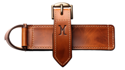 A leather belt featuring an intricate letter M design, a symbol of individuality and style