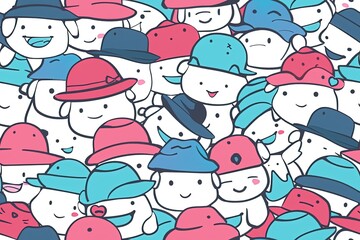 Adorable Cartoon Crew with Hat Diversity,Cheerful Cartoon Characters Rocking Hats