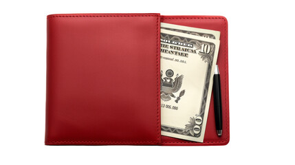 A vibrant red wallet open with money spilling out