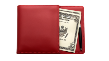 A vibrant red wallet open with money spilling out