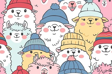 Fototapeta premium Cheerful Alpacas in Colorful Hats,Adorable Alpacas in Cartoon Hats Collection