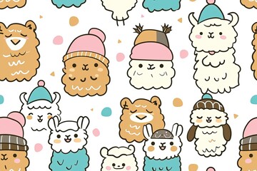 Cheerful Alpacas in Colorful Hats,Adorable Alpacas in Cartoon Hats Collection