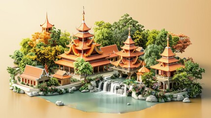 A beautiful 3D rendering of a traditional Chinese courtyard with a rock garden, waterfall, and trees