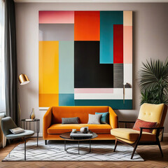 Interior of living room with sofa, lamp and colorful wall painting