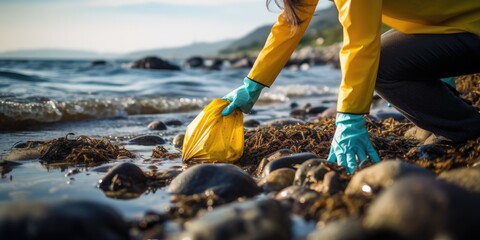 Fototapeta premium Volunteer with Protective Gloves Removing Plastic Bottle from Shoreline