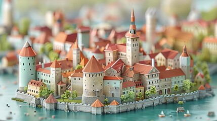 A highly detailed miniature model of a medieval city. The city is surrounded by a wall and has many towers and buildings.