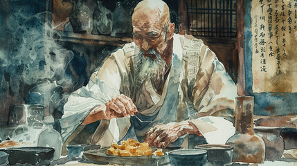 Close-up watercolor artwork of a time-traveling priest analyzing metallurgical artifacts, with a meal of Mapo Tofu and Galbi nearby - obrazy, fototapety, plakaty
