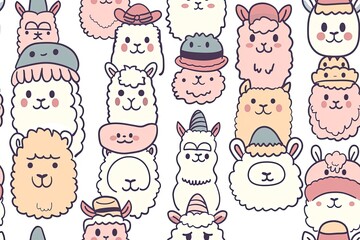 Fototapeta premium Cheerful Alpacas in Colorful Hats,Adorable Alpacas in Cartoon Hats Collection