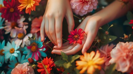 Beautiful young woman holding a vibrant and colorful bouquet of flowers in her fingertips