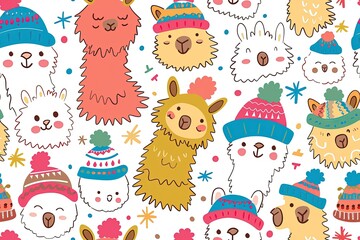 Cheerful Alpacas in Colorful Hats,Adorable Alpacas in Cartoon Hats Collection