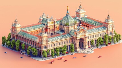 Obraz premium Isometric illustration of a grand Beaux-Arts railway station with a copper roof and a large clock tower.