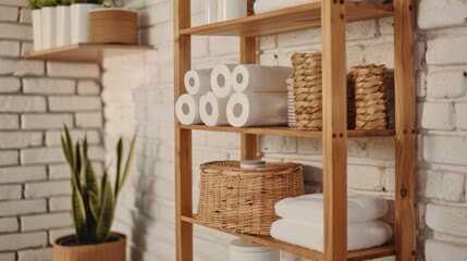 Wooden shelf with toilet paper rolls, clean towels and decoration generative ai