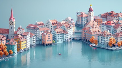 A beautiful miniature city with colorful buildings and a river running through it. The city is surrounded by mountains and there is a blue sky with white clouds overhead.