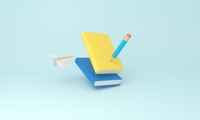 School Essentials - Pencil, Books, and Paper Plane on Blue Background
