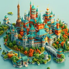 An illustration of a beautiful and detailed fantasy castle with a mix of European and Asian architecture