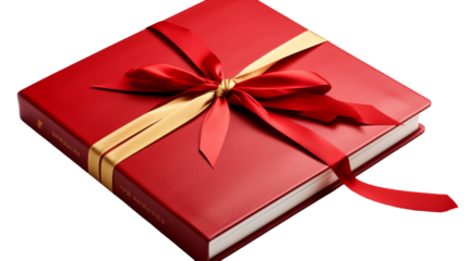 A red book adorned with a shimmering gold ribbon and bow