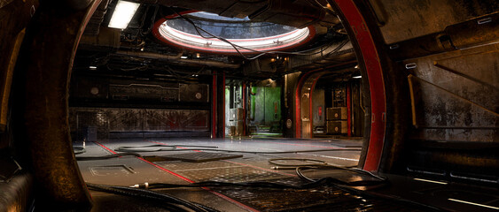 Abandoned dystopian future underground industrial environment. 3D render.