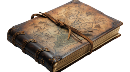 A weathered old book featuring a detailed map on its cover, showcasing a world of exploration and mystery
