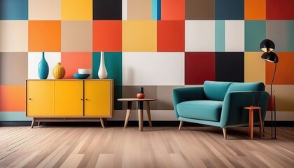 Interior of living room with sofa, lamp and colorful wall painting