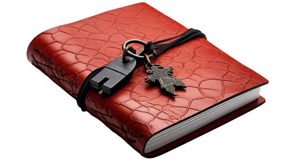 A red book with a black keychain resting on top, hinting at hidden mysteries waiting to be discovered