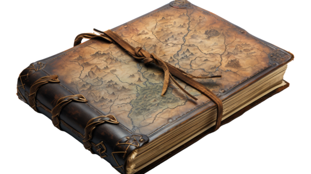 A weathered old book featuring a detailed map on its cover, showcasing a world of exploration and mystery