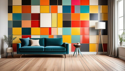 Interior of living room with sofa, lamp and colorful wall painting