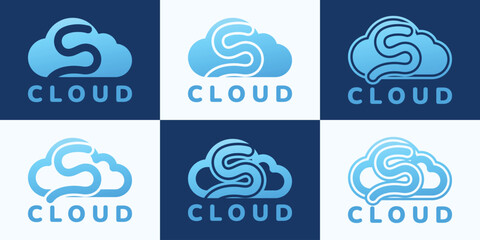 Set of letter S blue cloud logo. This logo combines letters and cloud shapes. Suitable for internet companies, apps, digital storage and the like.