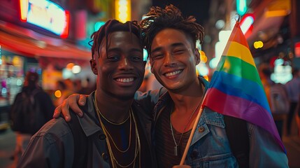 Fototapeta premium Two friends share a joyful moment on a vibrant city night, with the iconic rainbow flag symbolizing LGBTQ+ pride