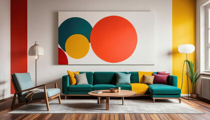 Interior of living room with sofa, lamp and colorful wall painting