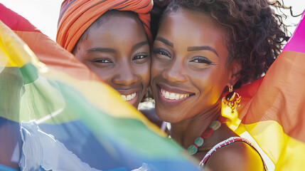 A tender moment of affection shared between two women, wrapped in the embrace of the rainbow flag, symbolizing love and LGBTQ+ pride