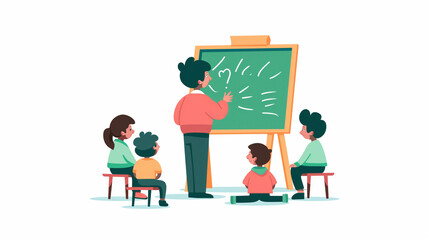 An engaging illustration showing a lively classroom scene where a teacher explains to attentive children