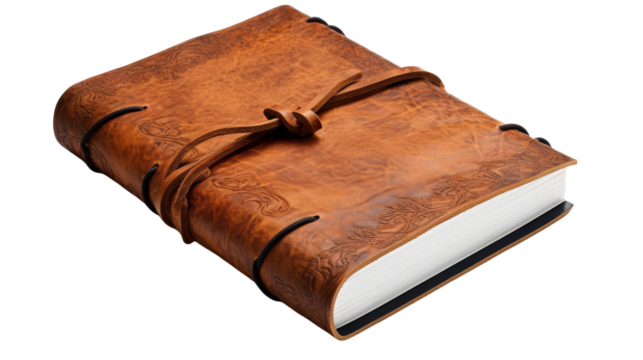 A brown leather book adorned with a delicate bow on its cover