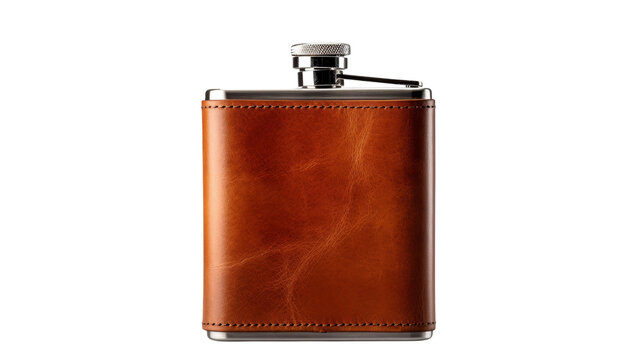 A stylish flask with a protective leather cover resting on a rustic table