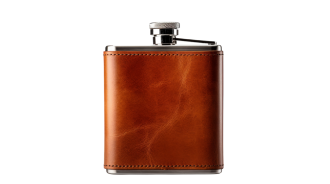 A stylish flask with a protective leather cover resting on a rustic table
