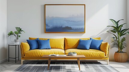 Photorealistic interior of modern living room with yellow sofa, blue pillows and wooden coffee table near white wall with painting in golden lines frame on it.Generative AI illustration.