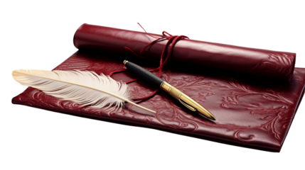 A pen rests on a red leather book