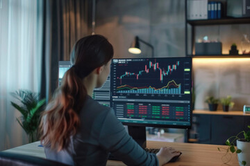 Stock trading investor, financial advisor or analyst working analysing crypto exchange market charts using computer investing money in finances market analyzing data on screen, over shoulder.