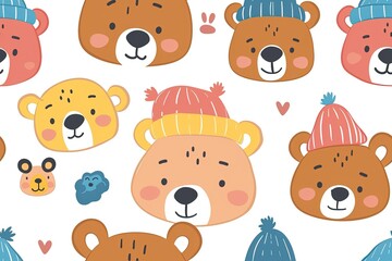 Naklejka premium Bear Parade: Adorable Cartoon Bears in Hats,Bear Hats Galore: Playful Cartoon Bear Designs